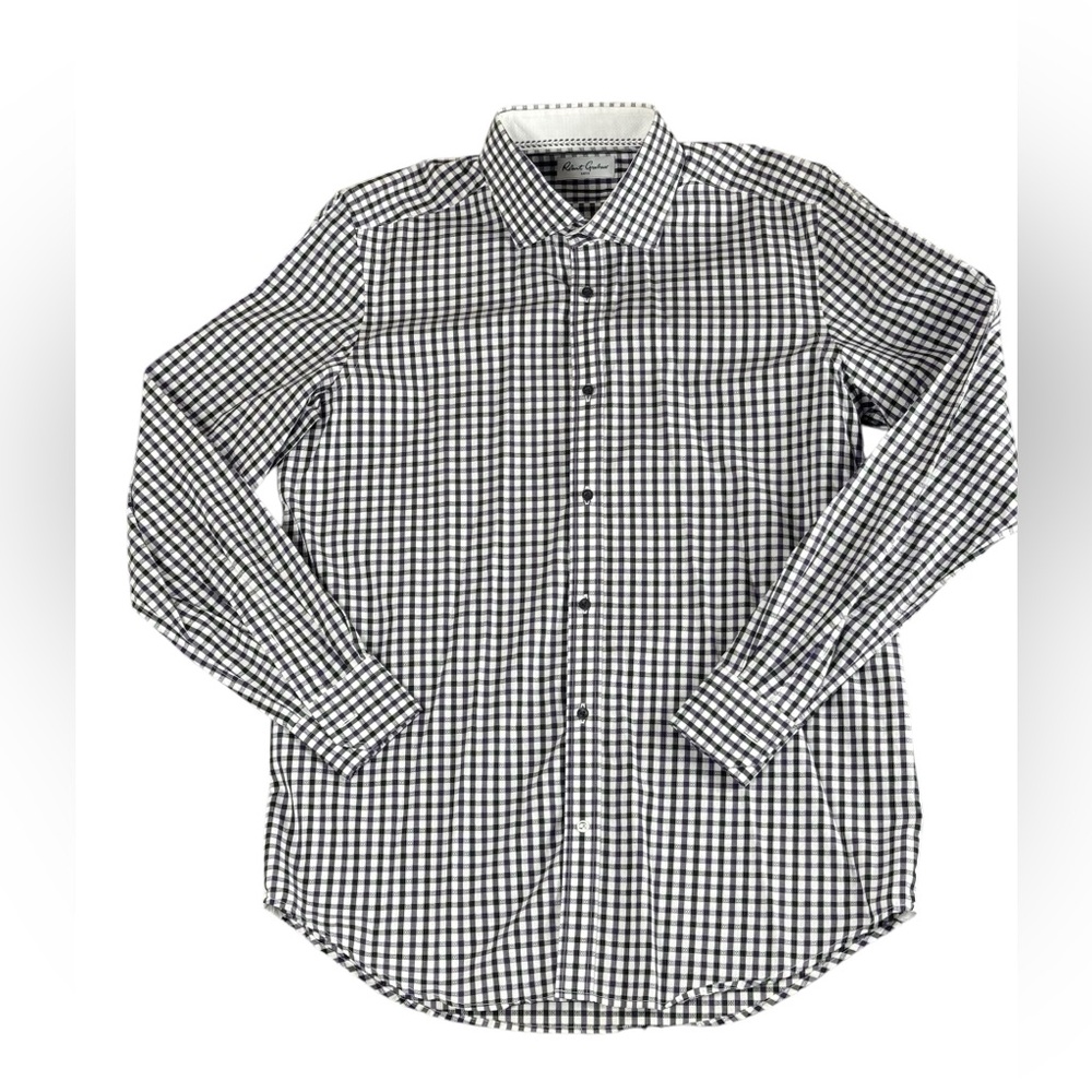 Robert Graham Mens Dress Shirt 41 or M-L 16 Neck Purple Black Check Long Sleeve